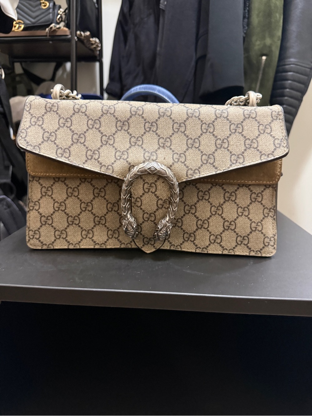 Gucci GG Supreme Dionysus Shoulder Bag in Beige and Brown with Silver Hardware
